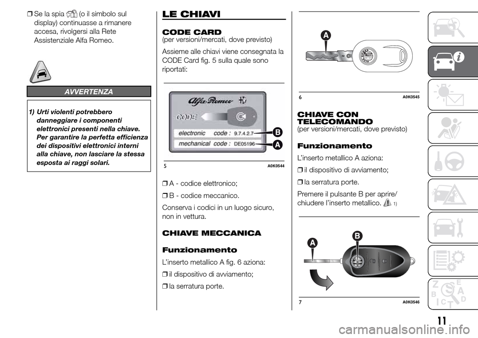 Alfa Romeo Giulietta 2015 Manuale del proprietario (in Italian) ❒Se la spia(o il simbolo sul
display) continuasse a rimanere
accesa, rivolgersi alla Rete
Assistenziale Alfa Romeo.
AVVERTENZA
1) Urti violenti potrebbero
danneggiare i componenti
elettronici presen Alfa Romeo Giulietta 2015 Manuale del proprietario (in Italian) ❒Se la spia(o il simbolo sul
display) continuasse a rimanere
accesa, rivolgersi alla Rete
Assistenziale Alfa Romeo.
AVVERTENZA
1) Urti violenti potrebbero
danneggiare i componenti
elettronici presen