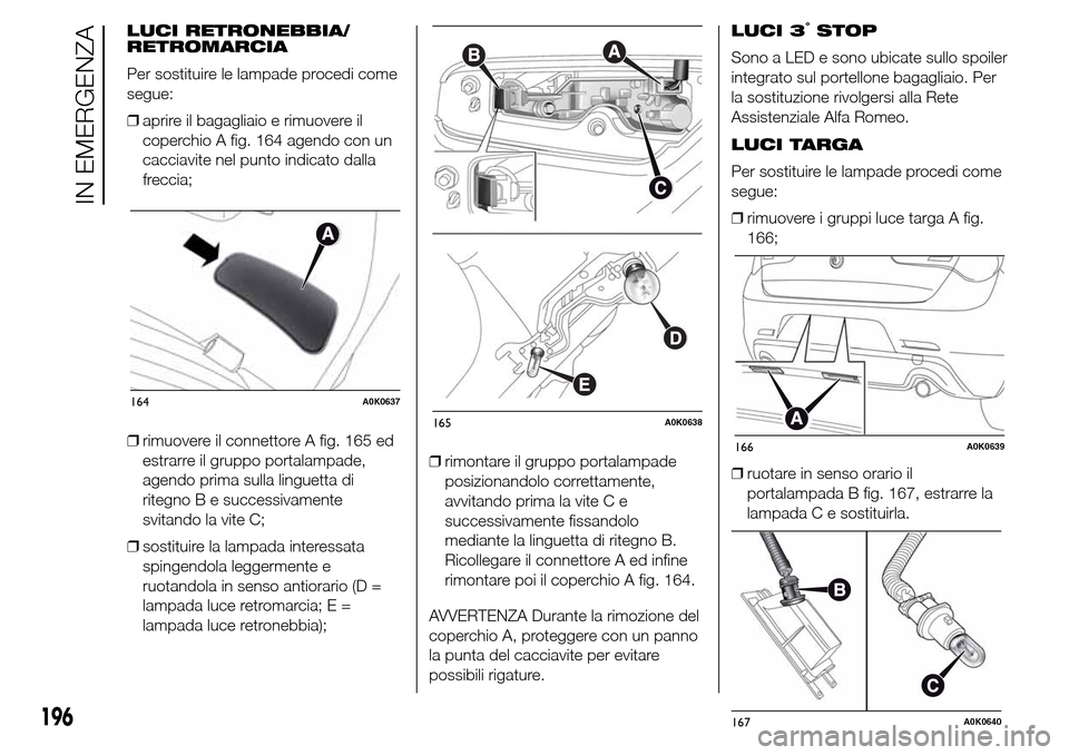 Alfa Romeo Giulietta 2015 Manuale del proprietario (in Italian) LUCI RETRONEBBIA/
RETROMARCIA
Per sostituire le lampade procedi come
segue:
❒aprire il bagagliaio e rimuovere il
coperchio A fig. 164 agendo con un
cacciavite nel punto indicato dalla
freccia;
❒ri Alfa Romeo Giulietta 2015 Manuale del proprietario (in Italian) LUCI RETRONEBBIA/
RETROMARCIA
Per sostituire le lampade procedi come
segue:
❒aprire il bagagliaio e rimuovere il
coperchio A fig. 164 agendo con un
cacciavite nel punto indicato dalla
freccia;
❒ri