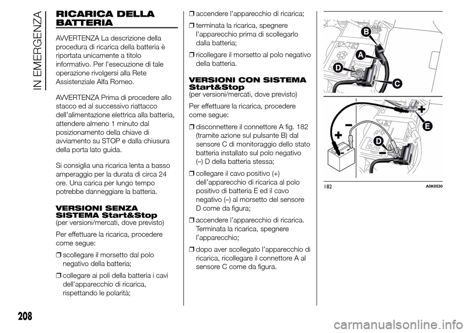 Alfa Romeo Giulietta 2015  Manuale del proprietario (in Italian) RICARICA DELLA
BATTERIA
AVVERTENZA La descrizione della
procedura di ricarica della batteria è
riportata unicamente a titolo
informativo. Per lesecuzione di tale
operazione rivolgersi alla Rete
Assi