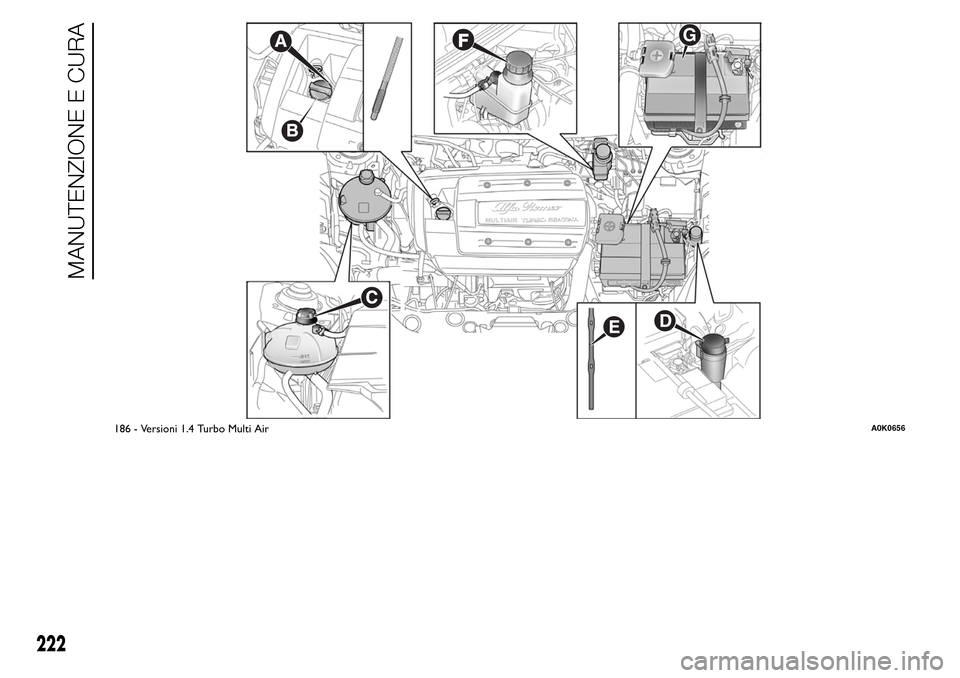 Alfa Romeo Giulietta 2015 Manuale del proprietario (in Italian) .
G
186 - Versioni 1.4 Turbo Multi AirA0K0656
222
MANUTENZIONE E CURA Alfa Romeo Giulietta 2015 Manuale del proprietario (in Italian) .
G
186 - Versioni 1.4 Turbo Multi AirA0K0656
222
MANUTENZIONE E CURA
