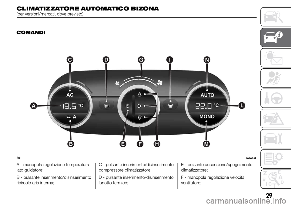 Alfa Romeo Giulietta 2015 Manuale del proprietario (in Italian) CLIMATIZZATORE
AUTOMATICOBIZONA(per versioni/mercati, dove previsto)
.COMANDI
A - manopola regolazione temperatura
lato guidatore;
B - pulsante inserimento/disinserimento
ricircolo aria interna;C - pu Alfa Romeo Giulietta 2015 Manuale del proprietario (in Italian) CLIMATIZZATORE
AUTOMATICOBIZONA(per versioni/mercati, dove previsto)
.COMANDI
A - manopola regolazione temperatura
lato guidatore;
B - pulsante inserimento/disinserimento
ricircolo aria interna;C - pu