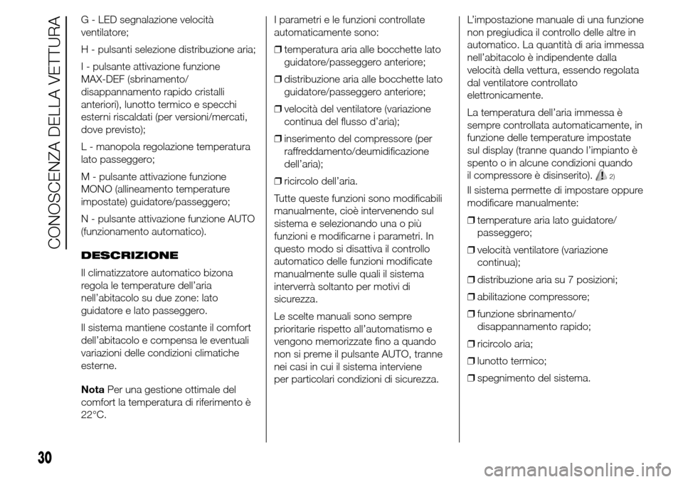 Alfa Romeo Giulietta 2015 Manuale del proprietario (in Italian) G - LED segnalazione velocità
ventilatore;
H - pulsanti selezione distribuzione aria;
I - pulsante attivazione funzione
MAX-DEF (sbrinamento/
disappannamento rapido cristalli
anteriori), lunotto term Alfa Romeo Giulietta 2015 Manuale del proprietario (in Italian) G - LED segnalazione velocità
ventilatore;
H - pulsanti selezione distribuzione aria;
I - pulsante attivazione funzione
MAX-DEF (sbrinamento/
disappannamento rapido cristalli
anteriori), lunotto term