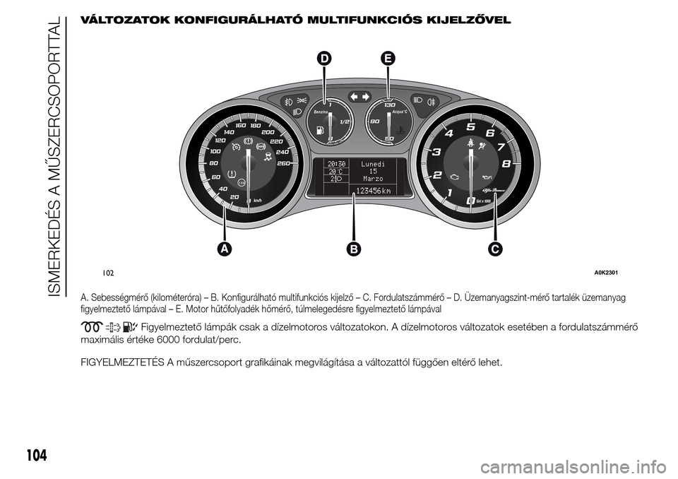 Alfa Romeo Giulietta 2015 Kezelési útmutató (in Hungarian) VÁLTOZATOK KONFIGURÁLHATÓ MULTIFUNKCIÓS KIJELZŐVEL
A. Sebességmérő (kilométeróra) – B. Konfigurálható multifunkciós kijelző – C. Fordulatszámmérő – D. Üzemanyagszint-mérő tar Alfa Romeo Giulietta 2015 Kezelési útmutató (in Hungarian) VÁLTOZATOK KONFIGURÁLHATÓ MULTIFUNKCIÓS KIJELZŐVEL
A. Sebességmérő (kilométeróra) – B. Konfigurálható multifunkciós kijelző – C. Fordulatszámmérő – D. Üzemanyagszint-mérő tar