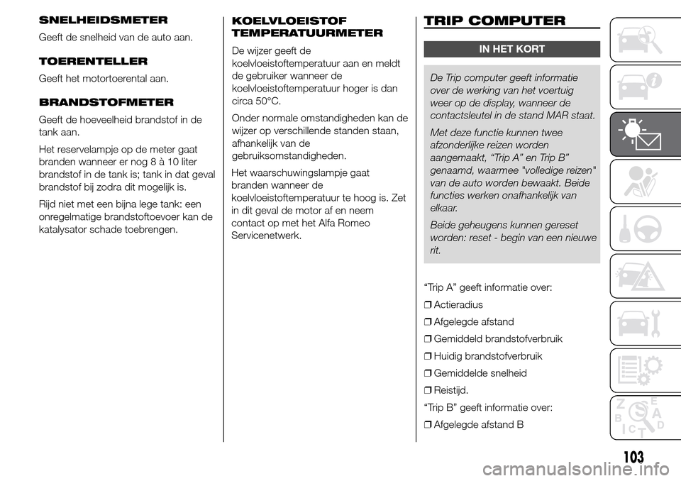 Alfa Romeo Giulietta 2015  Handleiding (in Dutch) SNELHEIDSMETER
Geeft de snelheid van de auto aan.
TOERENTELLER
Geeft het motortoerental aan.
BRANDSTOFMETER
Geeft de hoeveelheid brandstof in de
tank aan.
Het reservelampje op de meter gaat
branden wa