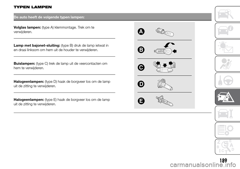 Alfa Romeo Giulietta 2015  Handleiding (in Dutch) TYPEN LAMPEN
De auto heeft de volgende typen lampen:
Volglas lampen:(type A) klemmontage. Trek om te
verwijderen.
Lamp met bajonet-sluiting:(type B) druk de lamp ietwat in
en draai linksom om hem uit 