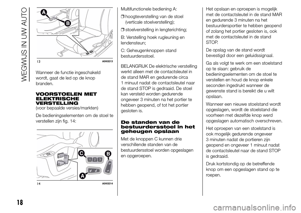 Alfa Romeo Giulietta 2015  Handleiding (in Dutch) Wanneer de functie ingeschakeld
wordt, gaat de led op de knop
branden.
VOORSTOELEN MET
ELEKTRISCHE
VERSTELLING
(voor bepaalde versies/markten)
De bedieningselementen om de stoel te
verstellen zijn fig