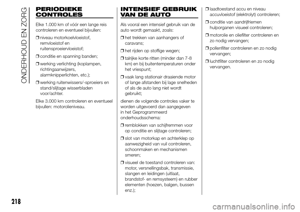Alfa Romeo Giulietta 2015  Handleiding (in Dutch) PERIODIEKE
CONTROLES
Elke 1.000 km of vóór een lange reis
controleren en eventueel bijvullen:
❒niveau motorkoelvloeistof,
remvloeistof en
ruitensproeiervloeistof;
❒conditie en spanning banden;
