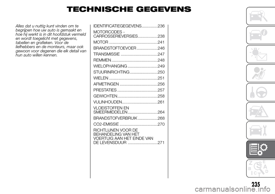 Alfa Romeo Giulietta 2015 Handleiding (in Dutch) TECHNISCHE GEGEVENS
Alles dat u nuttig kunt vinden om te
begrijpen hoe uw auto is gemaakt en
hoe hij werkt is in dit hoofdstuk vermeld
en wordt toegelicht met gegevens,
tabellen en grafieken. Voor de
Alfa Romeo Giulietta 2015 Handleiding (in Dutch) TECHNISCHE GEGEVENS
Alles dat u nuttig kunt vinden om te
begrijpen hoe uw auto is gemaakt en
hoe hij werkt is in dit hoofdstuk vermeld
en wordt toegelicht met gegevens,
tabellen en grafieken. Voor de