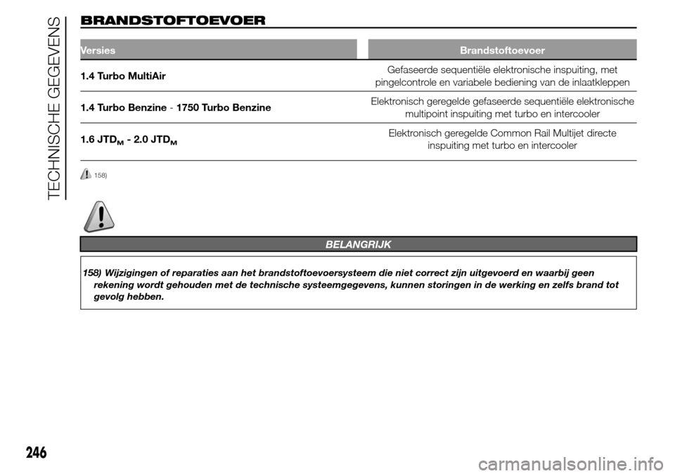 Alfa Romeo Giulietta 2015  Handleiding (in Dutch) BRANDSTOFTOEVOER
VersiesBrandstoftoevoer
1.4 Turbo MultiAirGefaseerde sequentiële elektronische inspuiting, met
pingelcontrole en variabele bediening van de inlaatkleppen
1.4 Turbo Benzine-1750 Turbo