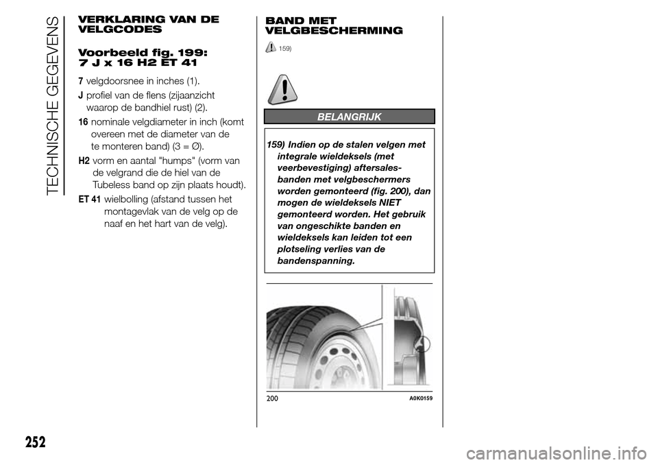 Alfa Romeo Giulietta 2015  Handleiding (in Dutch) VERKLARING VAN DE
VELGCODES
Voorbeeld fig. 199:
16 H2 ET 41
7velgdoorsnee in inches (1).
Jprofiel van de flens (zijaanzicht
waarop de bandhiel rust) (2).
16nominale velgdiameter in inch (komt
overeen 