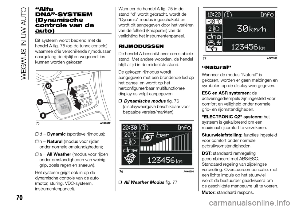 Alfa Romeo Giulietta 2015  Handleiding (in Dutch) “Alfa
DNA”-SYSTEEM
(Dynamische
controle van de
auto)
Dit systeem wordt bediend met de
hendel A fig. 75 (op de tunnelconsole)
waarmee drie verschillende rijmodussen
naargelang de rijstijl en wegcon