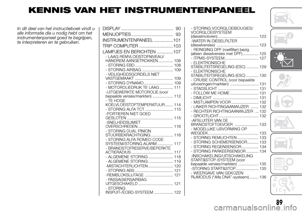 Alfa Romeo Giulietta 2015 Handleiding (in Dutch) KENNIS VAN HET INSTRUMENTENPANEEL
In dit deel van het instructieboek vindt u
alle informatie die u nodig hebt om het
instrumentenpaneel goed te begrijpen,
te interpreteren en te gebruiken.DISPLAY .... Alfa Romeo Giulietta 2015 Handleiding (in Dutch) KENNIS VAN HET INSTRUMENTENPANEEL
In dit deel van het instructieboek vindt u
alle informatie die u nodig hebt om het
instrumentenpaneel goed te begrijpen,
te interpreteren en te gebruiken.DISPLAY ....