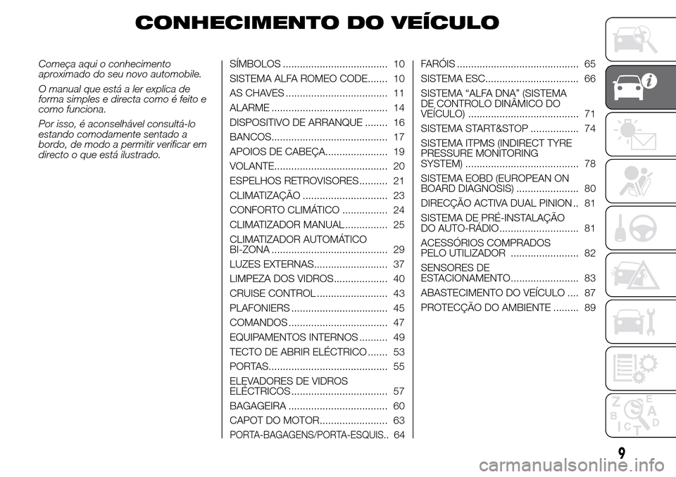 Alfa Romeo Giulietta 2015 Manual do proprietário (in Portuguese) CONHECIMENTO DO VEÍCULO
Começa aqui o conhecimento
aproximado do seu novo automobile.
O manual que está a ler explica de
forma simples e directa como é feito e
como funciona.
Por isso, é aconselh Alfa Romeo Giulietta 2015 Manual do proprietário (in Portuguese) CONHECIMENTO DO VEÍCULO
Começa aqui o conhecimento
aproximado do seu novo automobile.
O manual que está a ler explica de
forma simples e directa como é feito e
como funciona.
Por isso, é aconselh