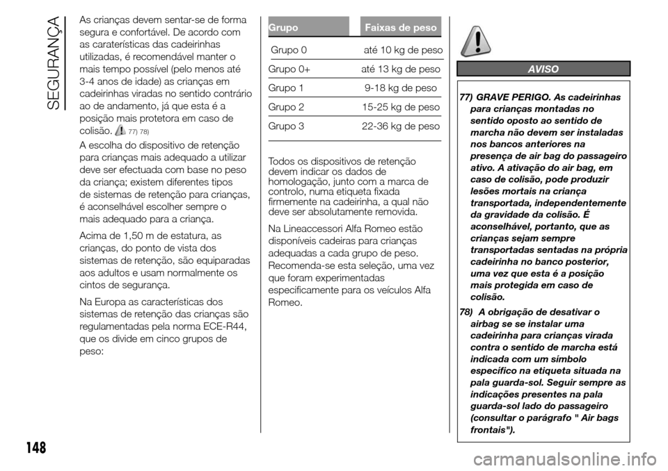 Alfa Romeo Giulietta 2015  Manual do proprietário (in Portuguese) As crianças devem sentar-se de forma
segura e confortável. De acordo com
as caraterísticas das cadeirinhas
utilizadas, é recomendável manter o
mais tempo possível (pelo menos até
3-4 anos de id