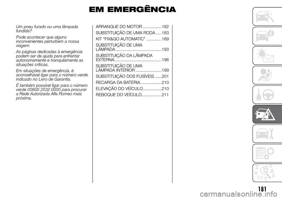 Alfa Romeo Giulietta 2015  Manual do proprietário (in Portuguese) EM EMERGÊNCIA
Um pneu furado ou uma lâmpada
fundida?
Pode acontecer que alguns
inconvenientes perturbem a nossa
viagem.
As páginas dedicadas à emergência
podem ser de ajuda para enfrentar
autonom