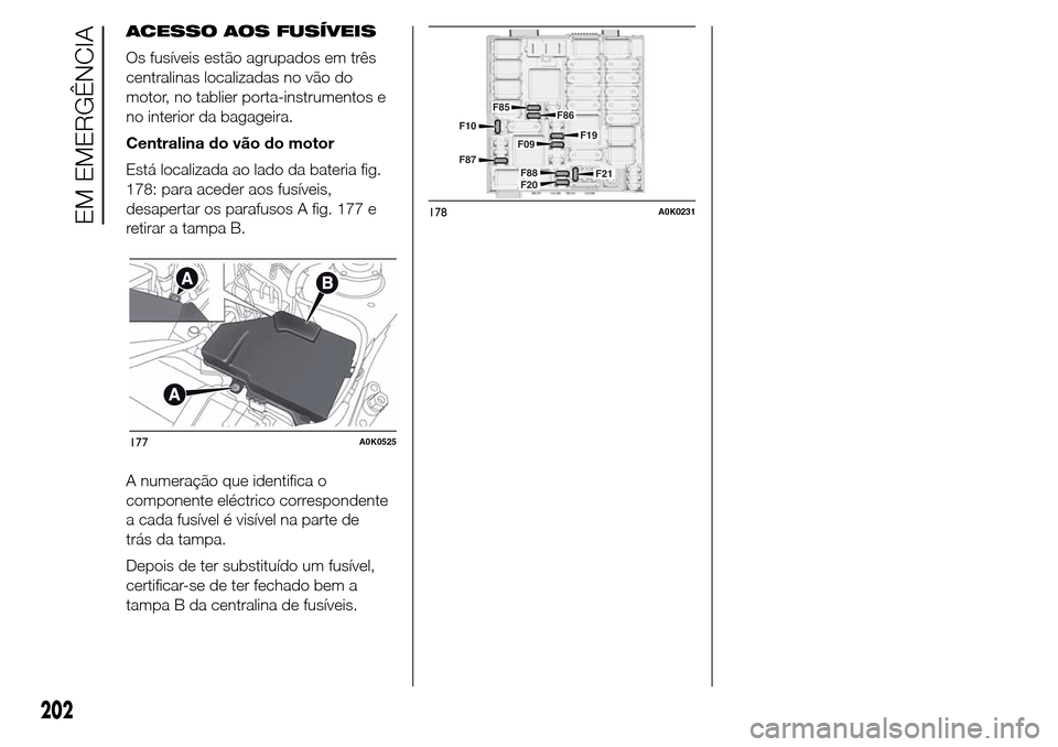 Alfa Romeo Giulietta 2015 Manual do proprietário (in Portuguese) ACESSO AOS FUSÍVEIS
Os fusíveis estão agrupados em três
centralinas localizadas no vão do
motor, no tablier porta-instrumentos e
no interior da bagageira.
Centralina do vão do motor
Está locali Alfa Romeo Giulietta 2015 Manual do proprietário (in Portuguese) ACESSO AOS FUSÍVEIS
Os fusíveis estão agrupados em três
centralinas localizadas no vão do
motor, no tablier porta-instrumentos e
no interior da bagageira.
Centralina do vão do motor
Está locali