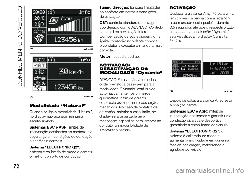 Alfa Romeo Giulietta 2015 Manual do proprietário (in Portuguese) Modalidade “Natural”
Quando se liga a modalidade “Natural”,
no display não aparece nenhuma
escrita/símbolo.
Sistemas ESC e ASR:limites de
intervenção destinados ao conforto e à
segurança Alfa Romeo Giulietta 2015 Manual do proprietário (in Portuguese) Modalidade “Natural”
Quando se liga a modalidade “Natural”,
no display não aparece nenhuma
escrita/símbolo.
Sistemas ESC e ASR:limites de
intervenção destinados ao conforto e à
segurança