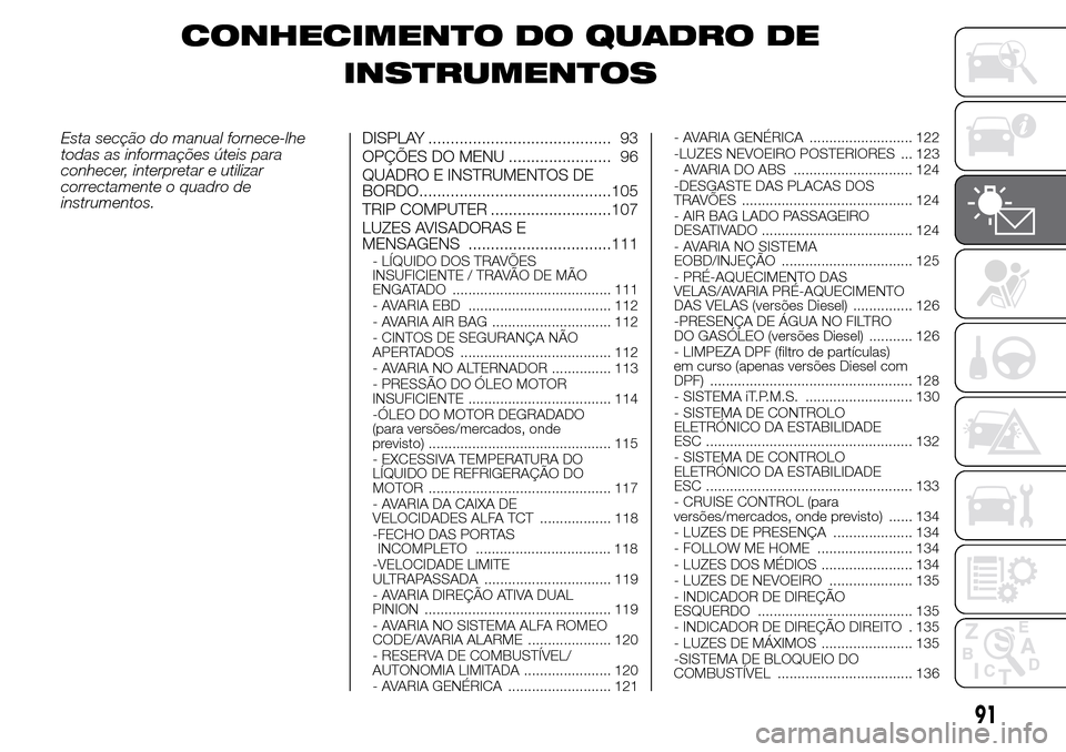 Alfa Romeo Giulietta 2015  Manual do proprietário (in Portuguese) CONHECIMENTO DO QUADRO DE
INSTRUMENTOS
Esta secção do manual fornece-lhe
todas as informações úteis para
conhecer, interpretar e utilizar
correctamente o quadro de
instrumentos.DISPLAY ..........