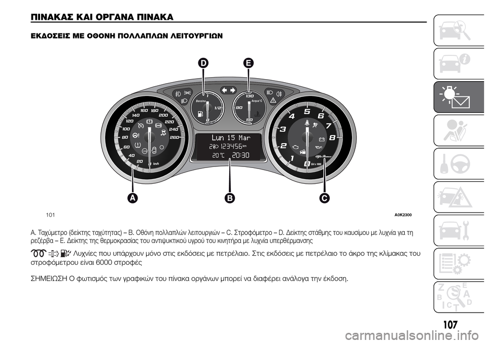 Alfa Romeo Giulietta 2015  Εγχειρίδιο χρήσης (in Greek) ΠΙΝΑΚΑΣ ΚΑΙ ΟΡΓΑΝΑ ΠΙΝΑΚΑ.
ΕΚΔΟΣΕΙΣ ΜΕ ΟΘΟΝΗ ΠΟΛΛΑΠΛΩΝ ΛΕΙΤΟΥΡΓΙΩΝ
A. Ταχύμετρο (δείκτης ταχύτητας) – B. Οθόνη 