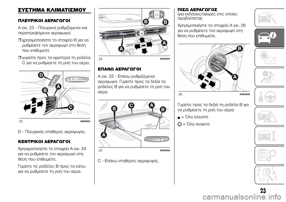 Alfa Romeo Giulietta 2015  Εγχειρίδιο χρήσης (in Greek) ΣΥΣΤΗΜΑ ΚΛΙΜΑΤΙΣΜΟΥ
ΠΛΕΥΡΙΚΟΙ ΑΕΡΑΓΩΓΟΙ
A εικ. 23 - Πλευρικοί ρυθμιζόμενοι και
περιστρεφόμενοι αεραγωγοί:
❒χρ