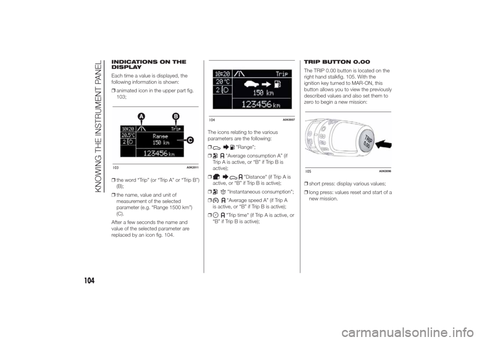 Alfa Romeo Giulietta 2014 Owners Manual INDICATIONS ON THE
DISPLAY
Each time a value is displayed, the
following information is shown:
❒animated icon in the upper part fig.
103;
❒the word “Trip” (or “Trip A” or “Trip B”)
(B) Alfa Romeo Giulietta 2014 Owners Manual INDICATIONS ON THE
DISPLAY
Each time a value is displayed, the
following information is shown:
❒animated icon in the upper part fig.
103;
❒the word “Trip” (or “Trip A” or “Trip B”)
(B)