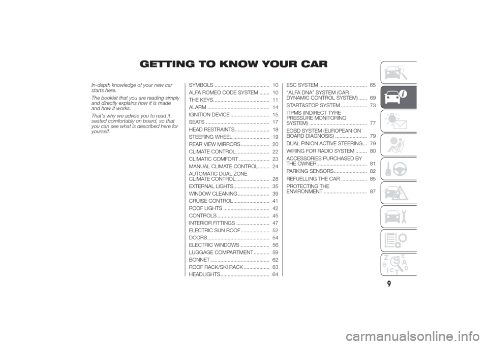 Alfa Romeo Giulietta 2014 User Guide GETTING TO KNOW YOUR CAR
In-depth knowledge of your new car
starts here.
The booklet that you are reading simply
and directly explains how it is made
and how it works.
That’s why we advise you to re
