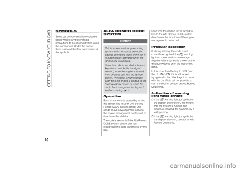 Alfa Romeo Giulietta 2014 User Guide SYMBOLSSome car components have coloured
labels whose symbols indicate
precautions to be observed when using
this component. Under the bonnet
there is also a label that summarises all
the symbols.
ALF