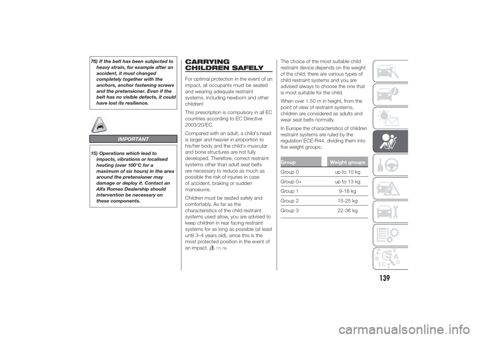 Alfa Romeo Giulietta 2014  Owners Manual 76) If the belt has been subjected to
heavy strain, for example after an
accident, it must changed
completely together with the
anchors, anchor fastening screws
and the pretensioner. Even if the
belt 