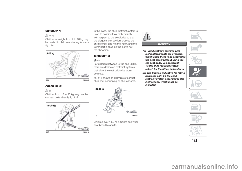 Alfa Romeo Giulietta 2014 Owners Guide GROUP 1
79) 80)
Children of weight from 9 to 18 kg may
be carried in child seats facing forwards
fig. 114.
GROUP 2
80)
Children from 15 to 25 kg may use the
car seat belts directly fig. 115.In this ca