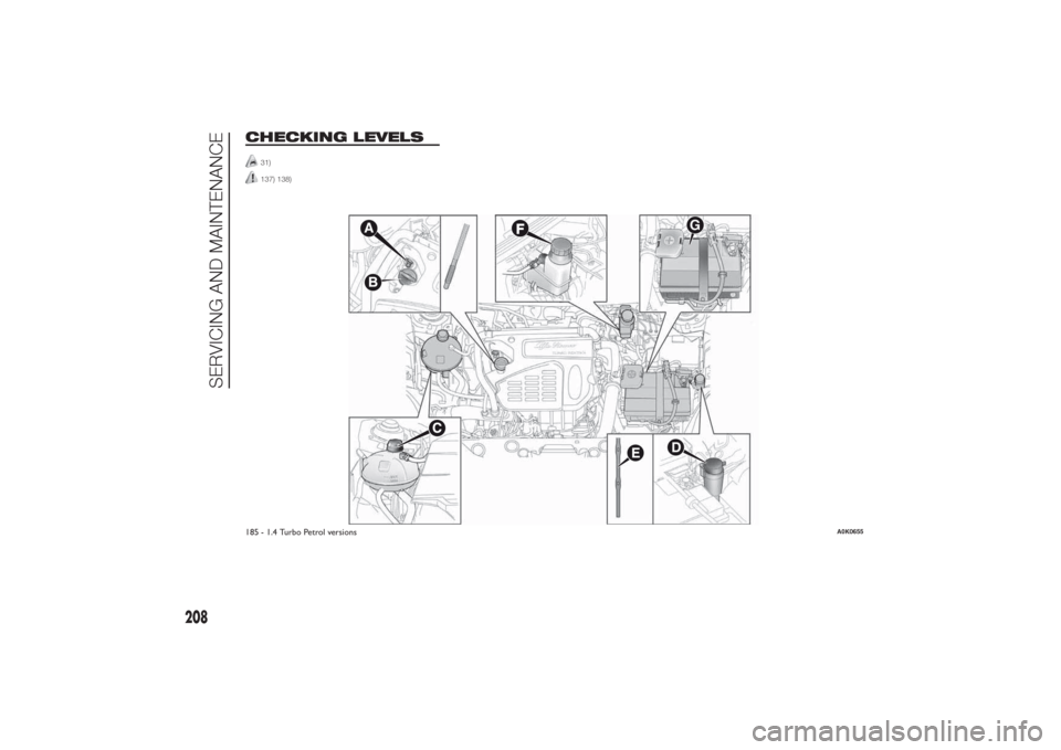 Alfa Romeo Giulietta 2014  Owners Manual CHECKING LEVELS
31)137) 138)
.
.
G
185 - 1.4 Turbo Petrol versions
A0K0655
208
SERVICING AND MAINTENANCE 