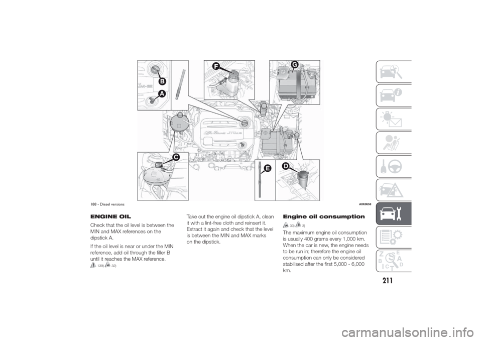 Alfa Romeo Giulietta 2014 Manual Online ENGINE OIL
Check that the oil level is between the
MIN and MAX references on the
dipstick A.
If the oil level is near or under the MIN
reference, add oil through the filler B
until it reaches the MAX 