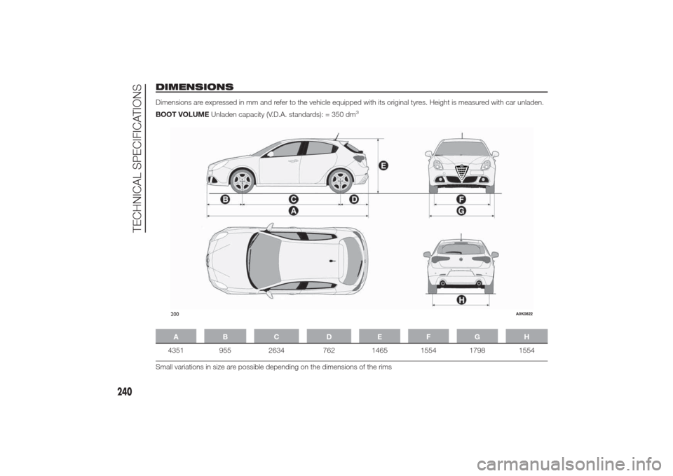 Alfa Romeo Giulietta 2014  Owners Manual DIMENSIONSDimensions are expressed in mm and refer to the vehicle equipped with its original tyres. Height is measured with car unladen.
BOOT VOLUMEUnladen capacity (V.D.A. standards): = 350 dm
3
AB C