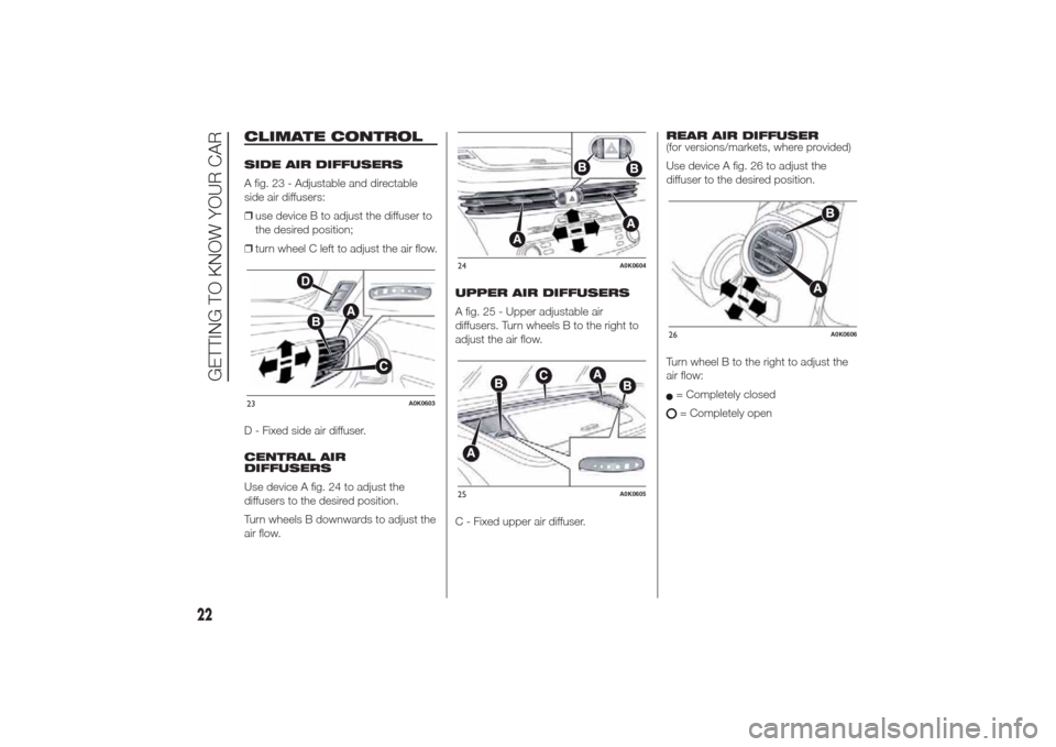 Alfa Romeo Giulietta 2014  Owners Manual CLIMATE CONTROLSIDE AIR DIFFUSERS
A fig. 23 - Adjustable and directable
side air diffusers:
❒use device B to adjust the diffuser to
the desired position;
❒turn wheel C left to adjust the air flow.