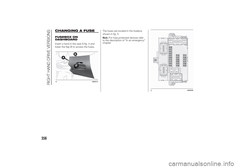 Alfa Romeo Giulietta 2014  Owners Manual CHANGING A FUSEFUSEBOX ON
DASHBOARD
Insert a hand in the seat A fig. 4 and
lower the flap B to access the fuses.The fuses are located in the fusebox
shown in fig. 5.
Not
to the description of “In an