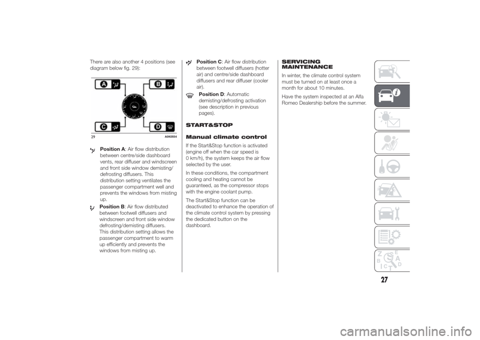 Alfa Romeo Giulietta 2014 Owners Guide There are also another 4 positions (see
diagram below fig. 29):
Position A: Air flow distribution
between centre/side dashboard
vents, rear diffuser and windscreen
and front side window demisting/
def Alfa Romeo Giulietta 2014 Owners Guide There are also another 4 positions (see
diagram below fig. 29):
Position A: Air flow distribution
between centre/side dashboard
vents, rear diffuser and windscreen
and front side window demisting/
def