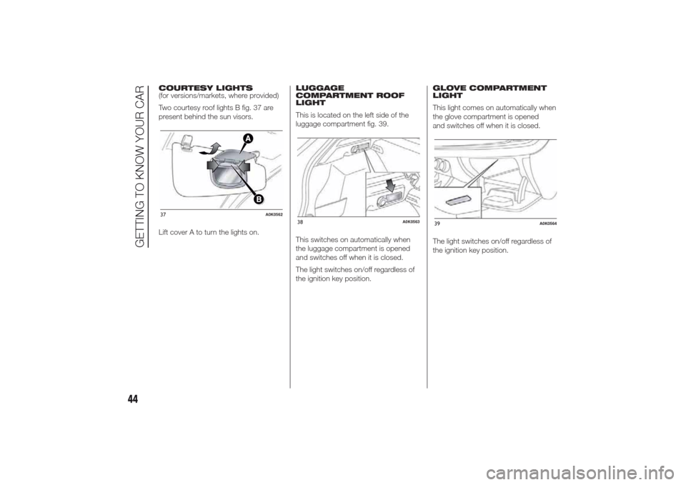 Alfa Romeo Giulietta 2014  Owners Manual COURTESY LIGHTS
(for versions/markets, where provided)
Two courtesy roof lights B fig. 37 are
present behind the sun visors.
Lift cover A to turn the lights on.LUGGAGE
COMPARTMENT ROOF
LIGHT
This is l