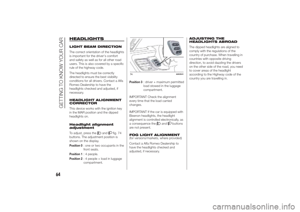 Alfa Romeo Giulietta 2014  Owners Manual HEADLIGHTSLIGHT BEAM DIRECTION
The correct orientation of the headlights
is important for the drivers comfort
and safety as well as for all other road
users. This is also covered by a specific
rule o