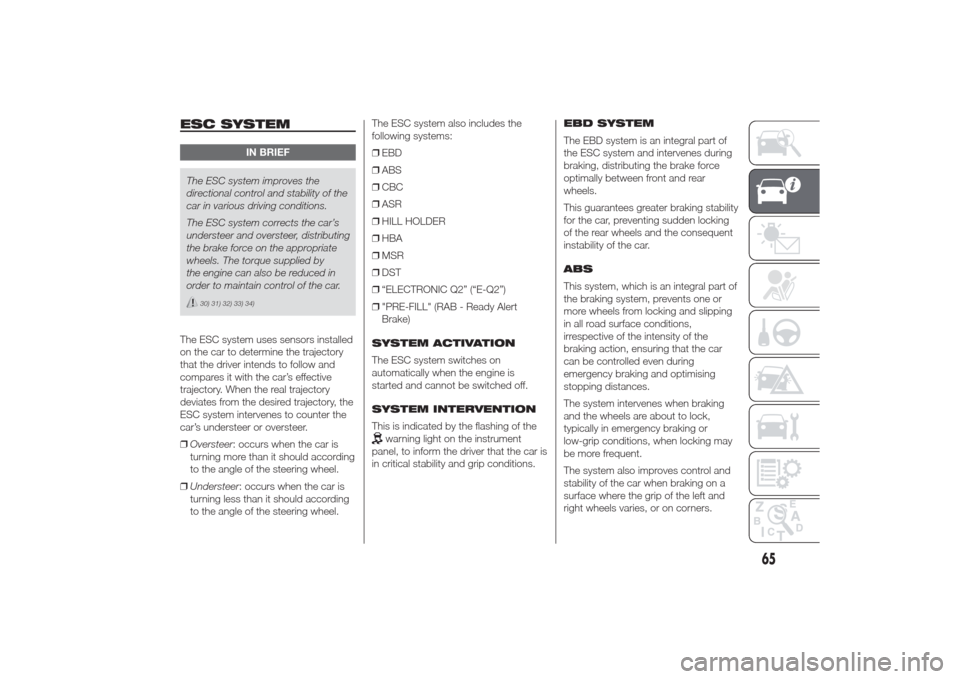 Alfa Romeo Giulietta 2014  Owners Manual ESC SYSTEM
IN BRIEF
The ESC system improves the
directional control and stability of the
car in various driving conditions.
The ESC system corrects the car’s
understeer and oversteer, distributing
t