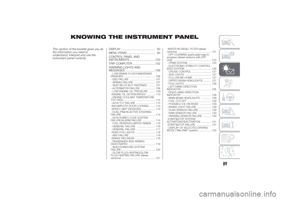 Alfa Romeo Giulietta 2014 Owners Guide KNOWING THE INSTRUMENT PANEL
This section of the booklet gives you all
the information you need to
understand, interpret and use the
instrument panel correctly.DISPLAY ................................