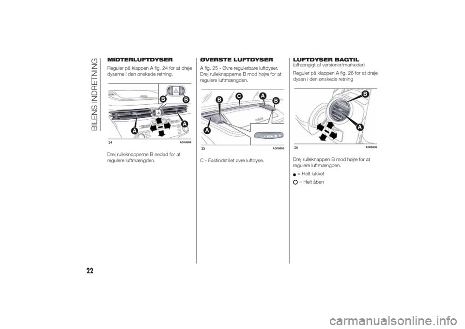 Alfa Romeo Giulietta 2014  Instruktionsbog (in Danish) MIDTERLUFTDYSER
Reguler på klappen A fig. 24 for at dreje
dyserne i den ønskede retning.
Drej rulleknapperne B nedad for at
regulere luftmængden.ØVERSTE LUFTDYSER
A fig. 25 - Øvre regulerbare luf