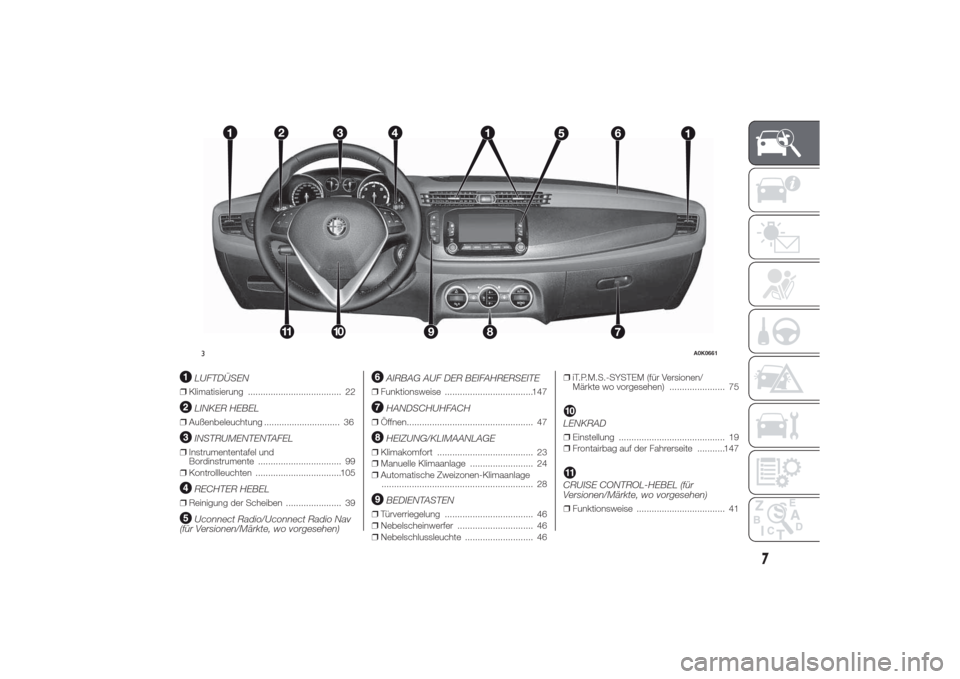 Alfa Romeo Giulietta 2014 Betriebsanleitung (in German) LUFTDÜSEN
❒Klimatisierung ..................................... 22
LINKER HEBEL
❒Außenbeleuchtung
INSTRUMENTENTAFEL
❒Instrumententafel und
Bordinstrumente ................................. 99
Alfa Romeo Giulietta 2014 Betriebsanleitung (in German) LUFTDÜSEN
❒Klimatisierung ..................................... 22
LINKER HEBEL
❒Außenbeleuchtung
INSTRUMENTENTAFEL
❒Instrumententafel und
Bordinstrumente ................................. 99