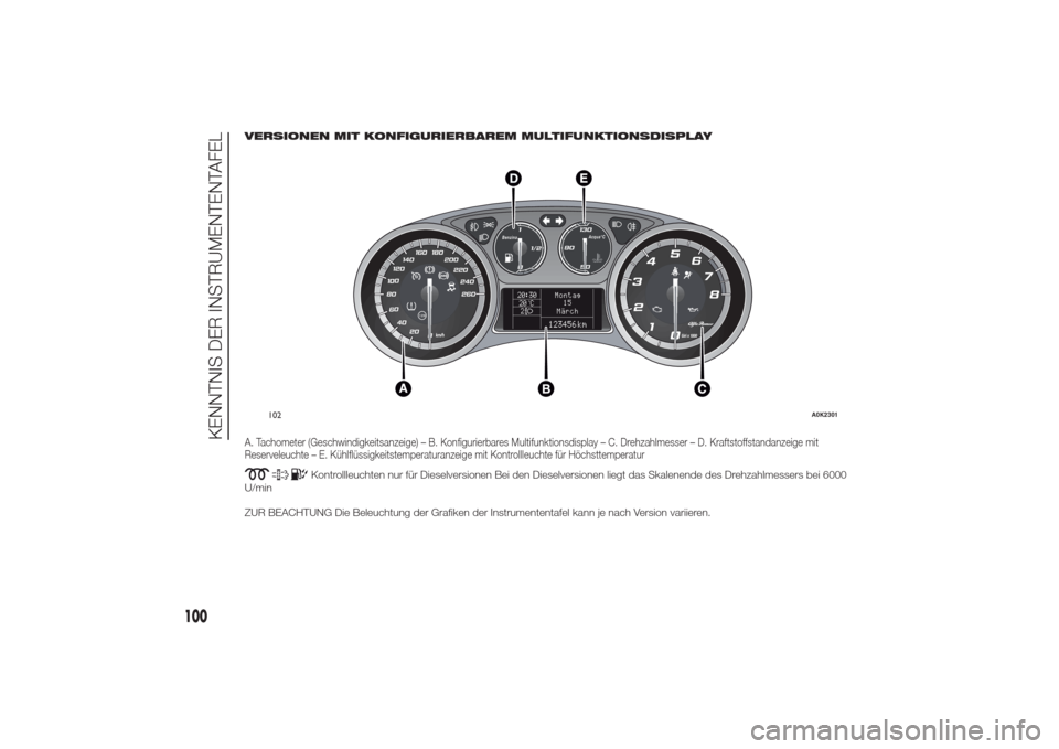 Alfa Romeo Giulietta 2014 Betriebsanleitung (in German) VERSIONEN MIT KONFIGURIERBAREM MULTIFUNKTIONSDISPLAYA. Tachometer (Geschwindigkeitsanzeige) – B. Konfigurierbares Multifunktionsdisplay – C. Drehzahlmesser – D. Kraftstoffstandanzeige mit
Reserv Alfa Romeo Giulietta 2014 Betriebsanleitung (in German) VERSIONEN MIT KONFIGURIERBAREM MULTIFUNKTIONSDISPLAYA. Tachometer (Geschwindigkeitsanzeige) – B. Konfigurierbares Multifunktionsdisplay – C. Drehzahlmesser – D. Kraftstoffstandanzeige mit
Reserv