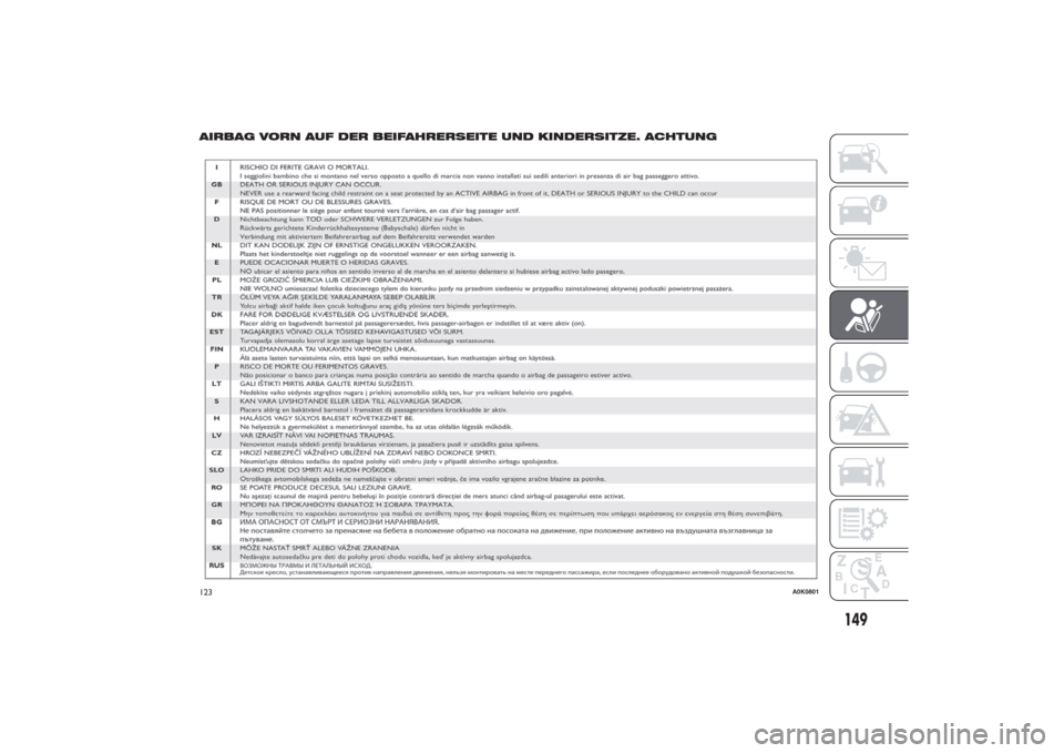 Alfa Romeo Giulietta 2014  Betriebsanleitung (in German) AIRBAG VORN AUF DER BEIFAHRERSEITE UND KINDERSITZE. ACHTUNG123
A0K0801
149 