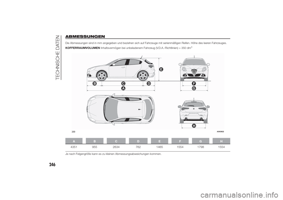 Alfa Romeo Giulietta 2014  Betriebsanleitung (in German) ABMESSUNGENDie Abmessungen sind in mm angegeben und beziehen sich auf Fahrzeuge mit serienmäßigen Reifen. Höhe des leeren Fahrzeuges.
KOFFERRAUMVOLUMENInhaltsvermögen bei unbeladenem Fahrzeug (V.D
