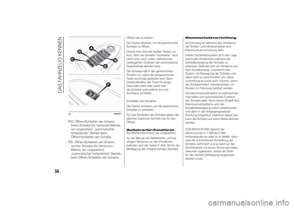 Alfa Romeo Giulietta 2014  Betriebsanleitung (in German) ❒D: Öffnen/Schließen der hinteren
linken Scheibe (für Versionen/Märkte,
wo vorgesehen); „automatischer
fortlaufender” Betrieb beim
Öffnen/Schließen der Scheibe.
❒E: Öffnen/Schließen de