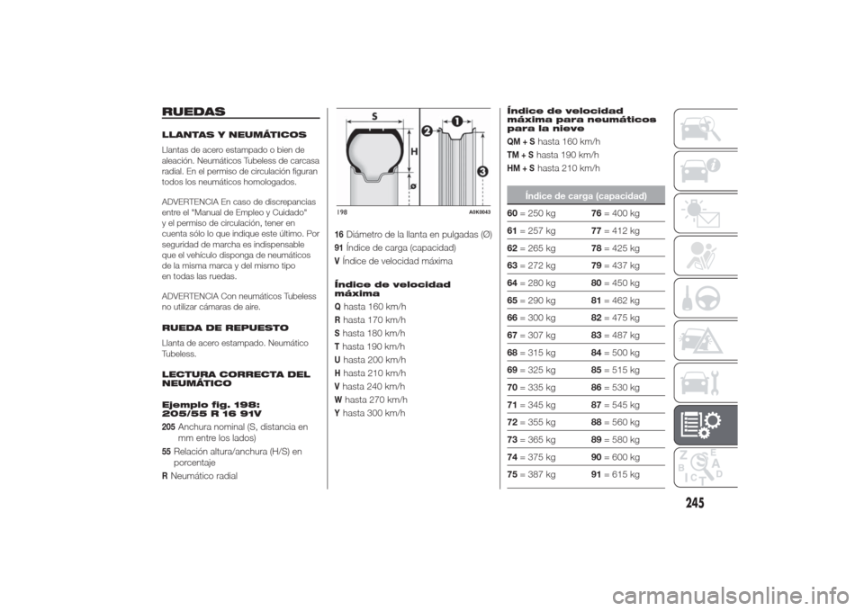 Alfa Romeo Giulietta 2014 Manual del propietario (in Spanish) RUEDASLLANTAS Y NEUMÁTICOS
Llantas de acero estampado o bien de
aleación. Neumáticos Tubeless de carcasa
radial. En el permiso de circulación figuran
todos los neumáticos homologados.
ADVERTENCIA Alfa Romeo Giulietta 2014 Manual del propietario (in Spanish) RUEDASLLANTAS Y NEUMÁTICOS
Llantas de acero estampado o bien de
aleación. Neumáticos Tubeless de carcasa
radial. En el permiso de circulación figuran
todos los neumáticos homologados.
ADVERTENCIA