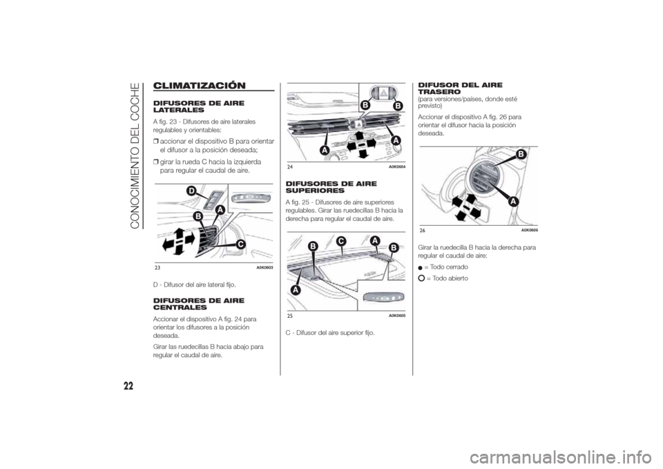 Alfa Romeo Giulietta 2014  Manual del propietario (in Spanish) CLIMATIZACIÓNDIFUSORES DE AIRE
LATERALES
A fig. 23 - Difusores de aire laterales
regulables y orientables:❒accionar el dispositivo B para orientar
el difusor a la posición deseada;
❒girar la rue