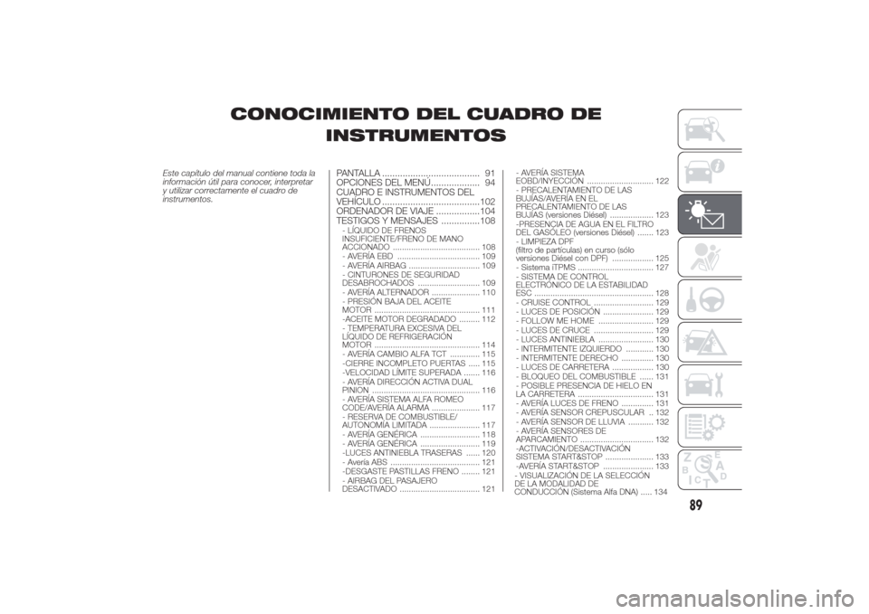 Alfa Romeo Giulietta 2014  Manual del propietario (in Spanish) CONOCIMIENTO DEL CUADRO DE
INSTRUMENTOS
Este capítulo del manual contiene toda la
información útil para conocer, interpretar
y utilizar correctamente el cuadro de
instrumentos.
PANTALLA ...........