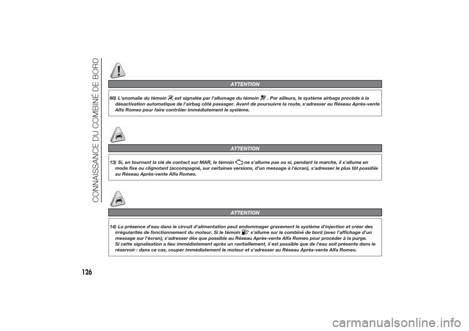 Alfa Romeo Giulietta 2014  Manuel du propriétaire (in French) ATTENTION
68) Lanomalie du témoin
est signalée par lallumage du témoin
. Par ailleurs, le système airbags procède à la
désactivation automatique de lairbag côté passager. Avant de poursuiv