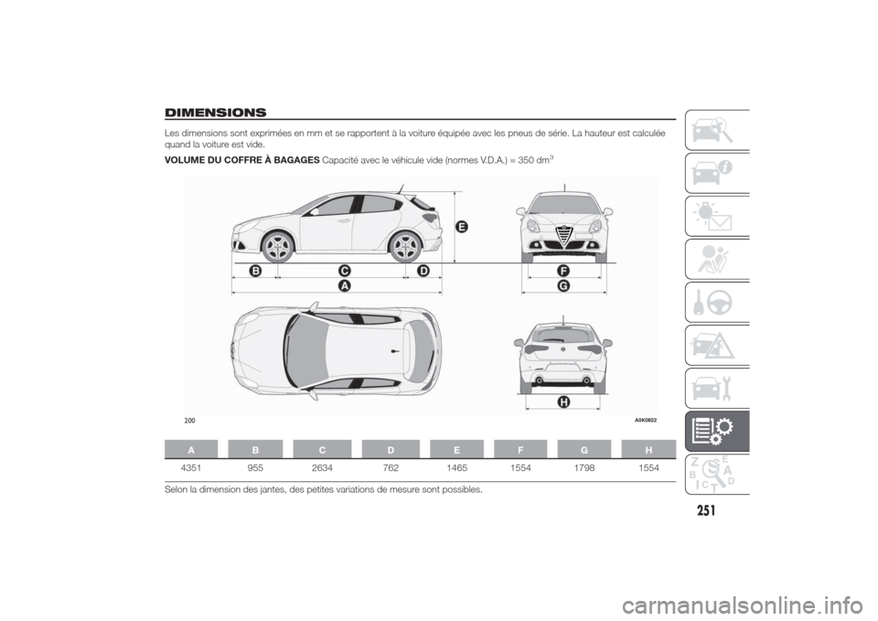 Alfa Romeo Giulietta 2014  Manuel du propriétaire (in French) DIMENSIONSLes dimensions sont exprimées en mm et se rapportent à la voiture équipée avec les pneus de série. La hauteur est calculée
quand la voiture est vide.
VOLUME DU COFFRE À BAGAGESCapacit